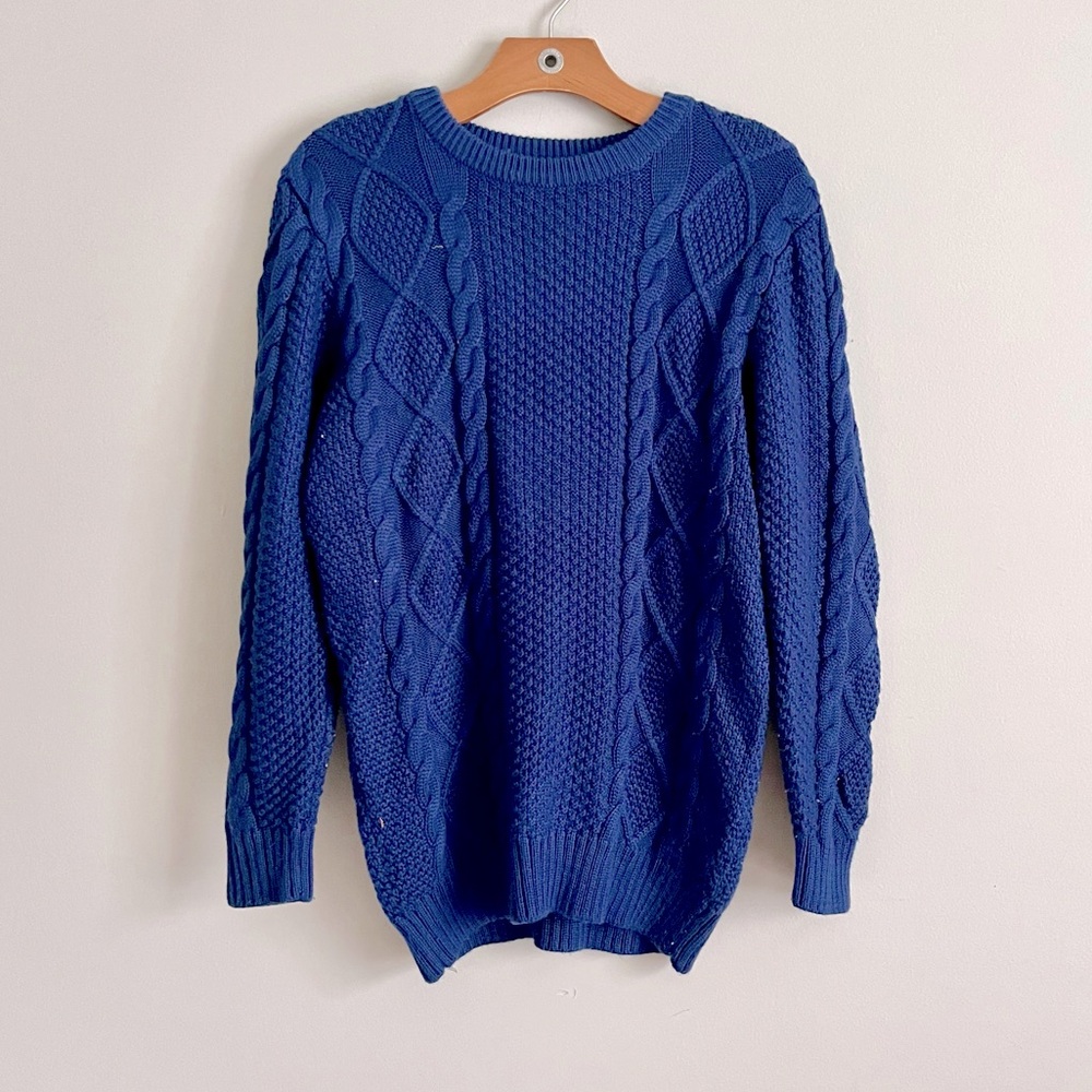 EUC Eddie Bauer Royal Blue Cozy Cable Knit Fisherman Crew Neck Grandpa Sweater